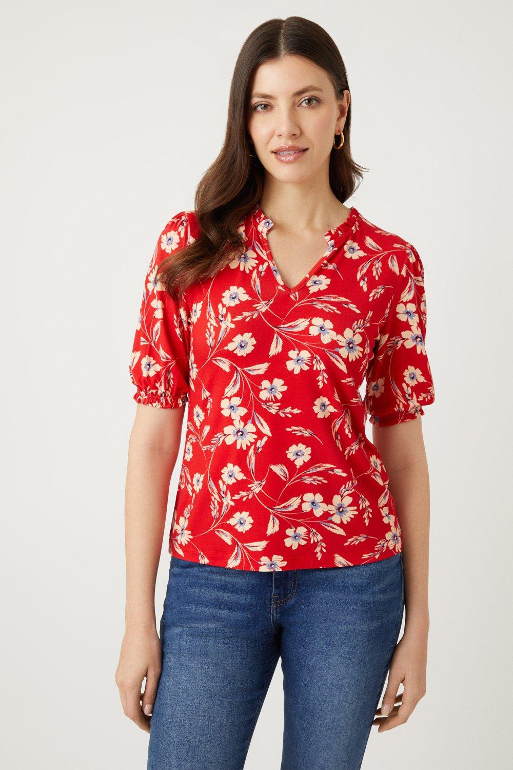 Womens Red Floral Print Ruched Sleeve Jersey Top