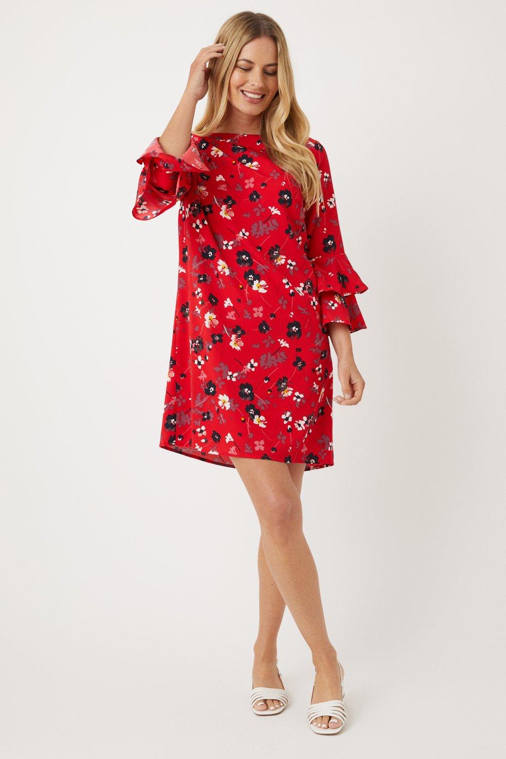 Womens Petite Red Floral Shift Dress