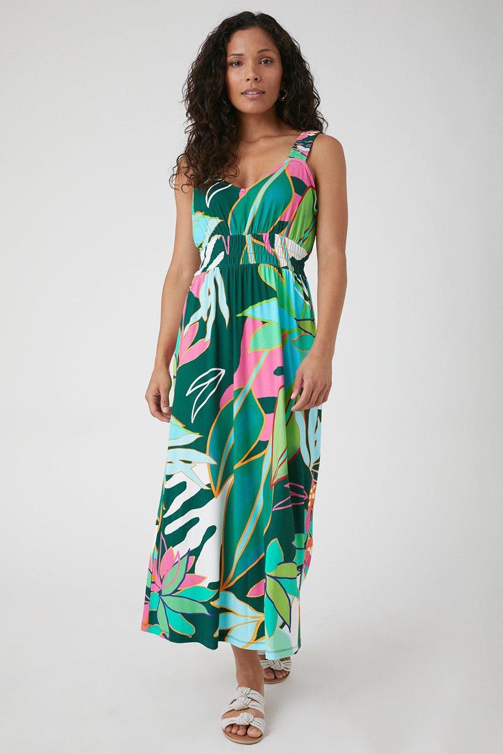 Womens Petite Green Tropical Ruched Jersey Midi Dress