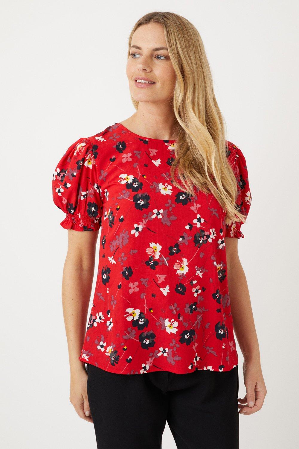 Womens Petite Red Floral Print Shirred Cuff Blouse