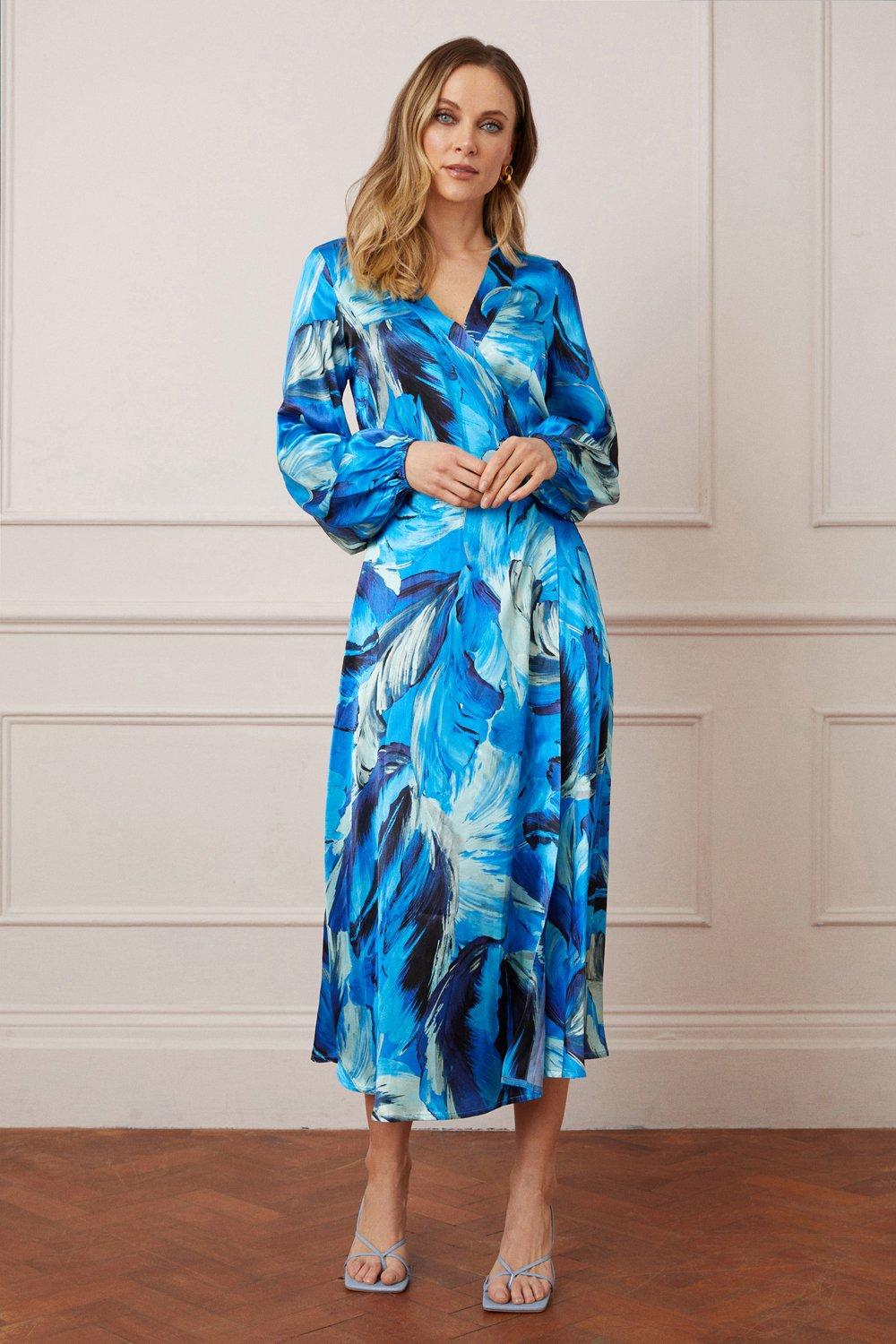 Womens Tall Feather Print Satin Wrap Midi Dress