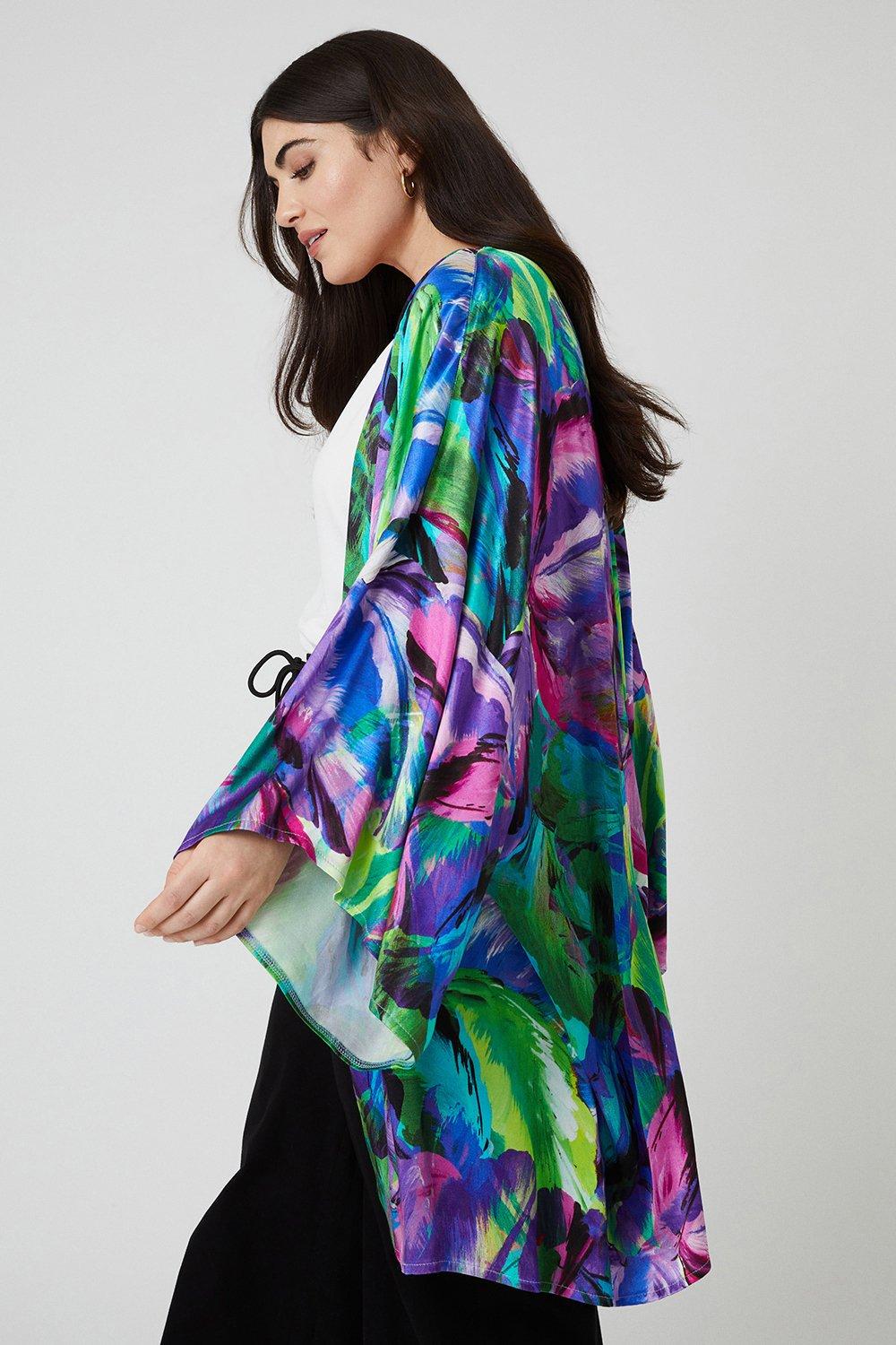 Womens Curve Abstract Floral Print Viscose Satin Kimono