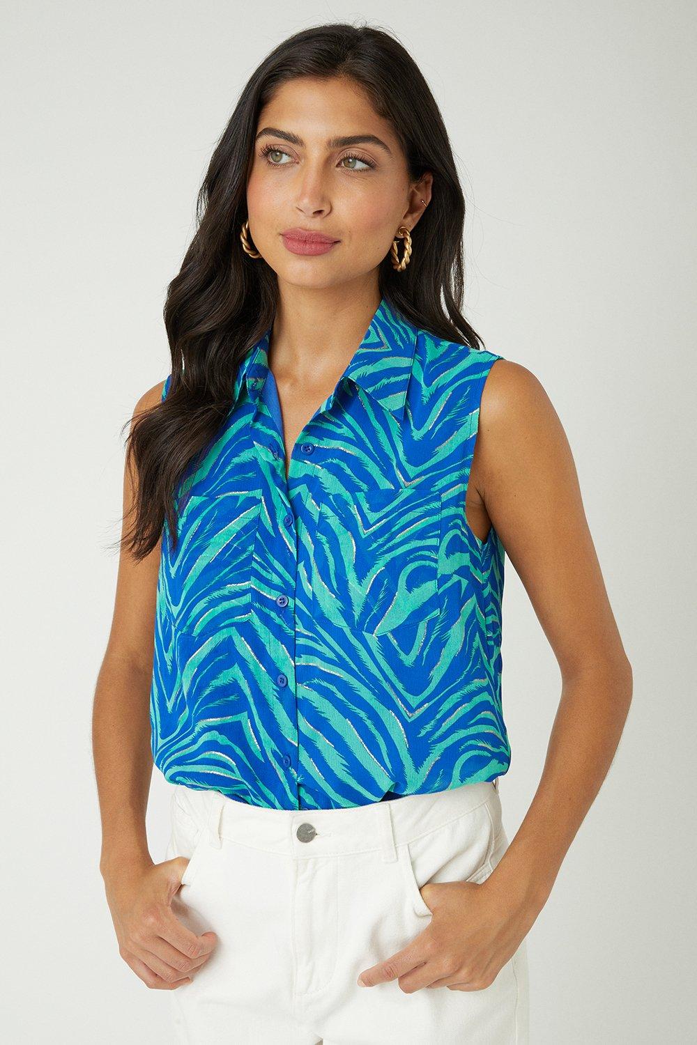 Womens Tall Blue Zebra Pocket Sleeveless Shirt