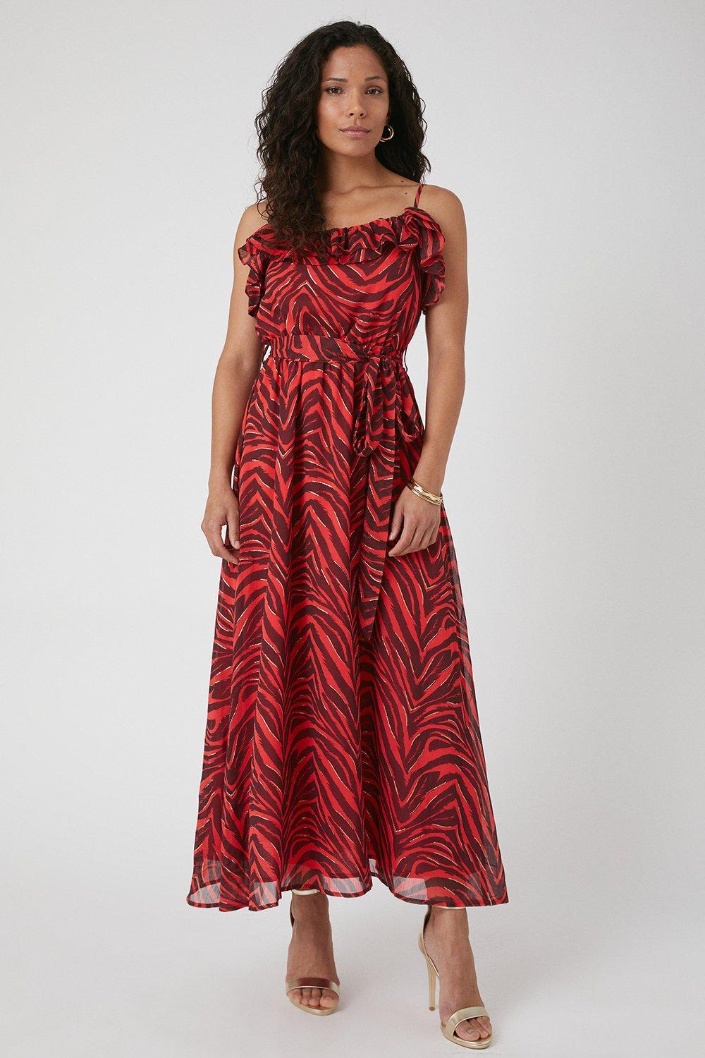 Womens Petite Red Zebra Ruffle Maxi Dress