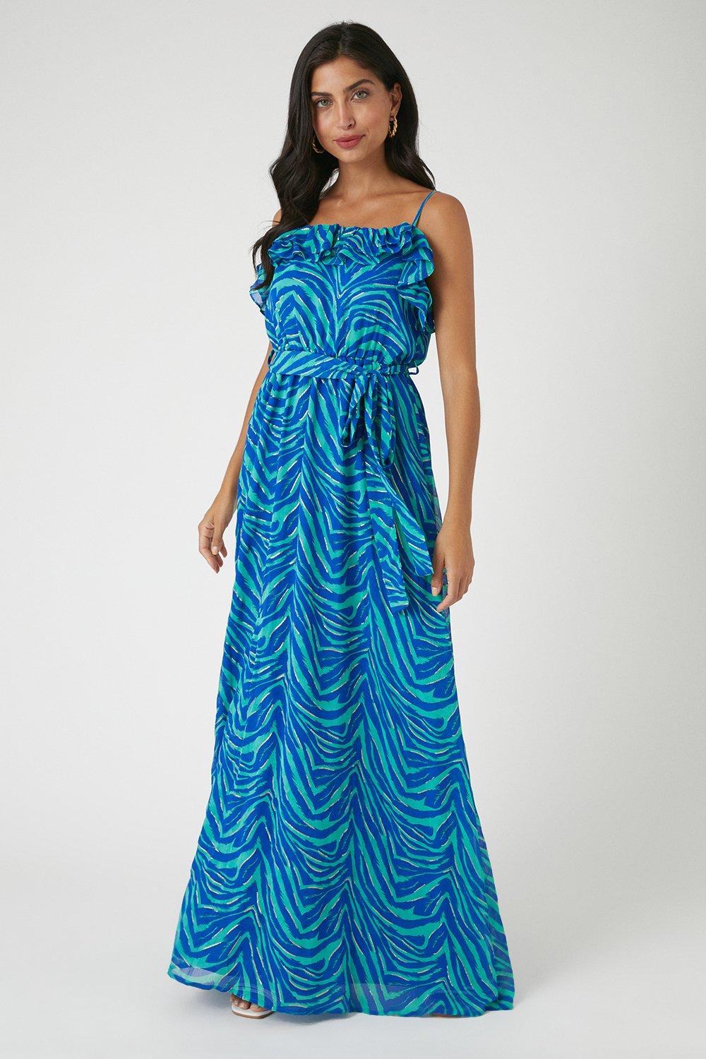 Womens Tall Blue Zebra Ruffle Maxi Dress