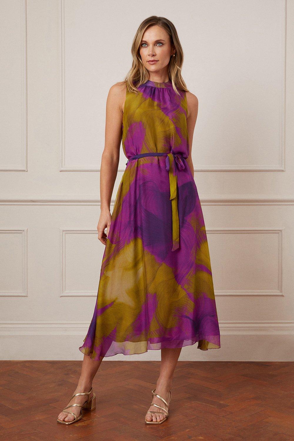 Womens Abstract Silk Mix Sleeveless Midi Dress