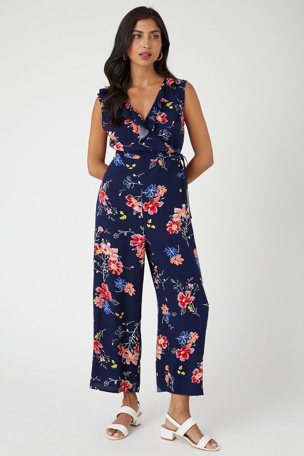 Womens Navy Floral Wrap Frill Jumpsuit