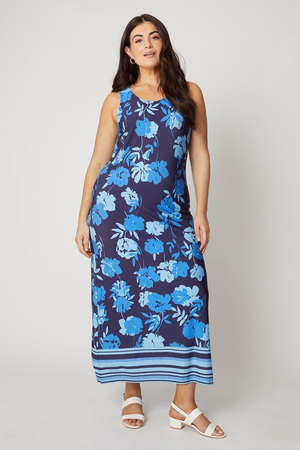 Womens Curve Blue Floral Border Jersey Maxi Dress
