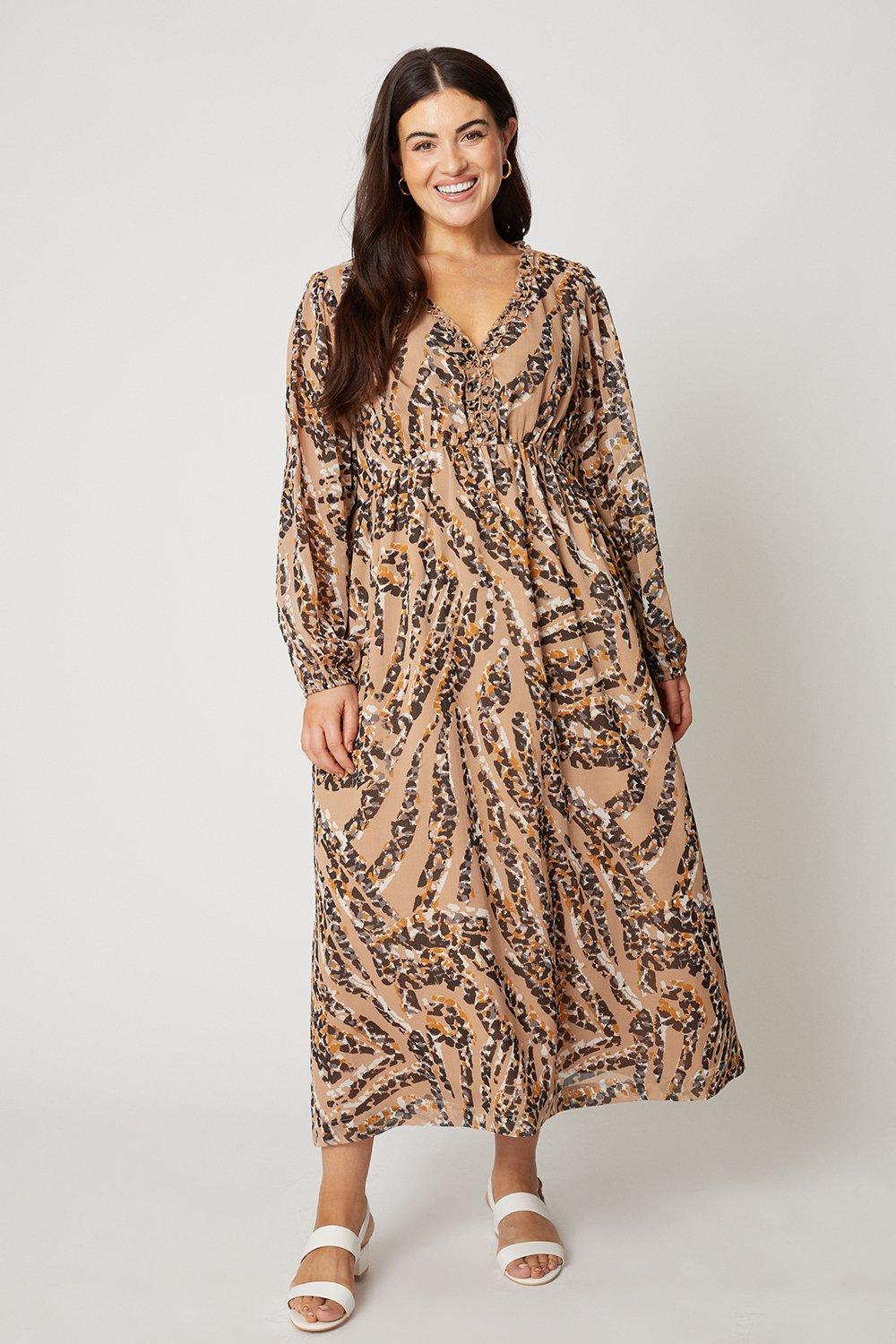Womens Curve Animal Print Ruffle Woven Midi Dress