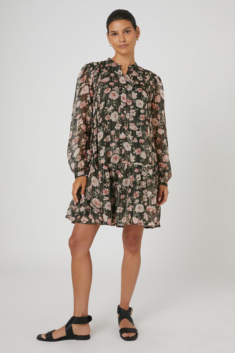 Womens Black Floral Woven Smock Tunic