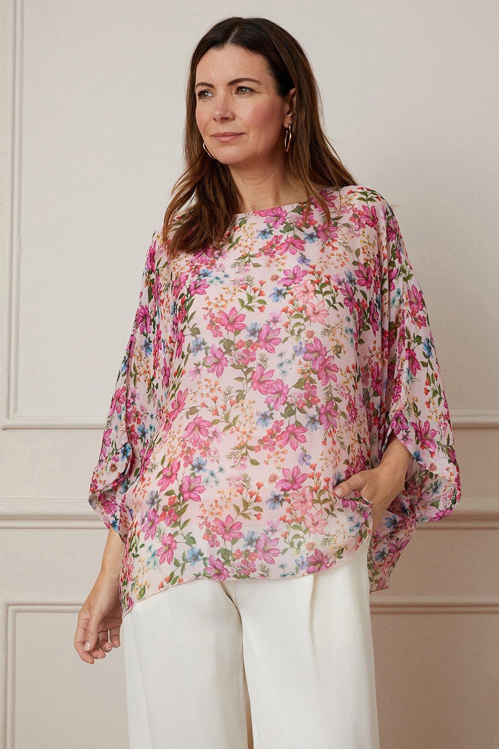 Womens Tall Floral Print Silk Mix Overlay Top