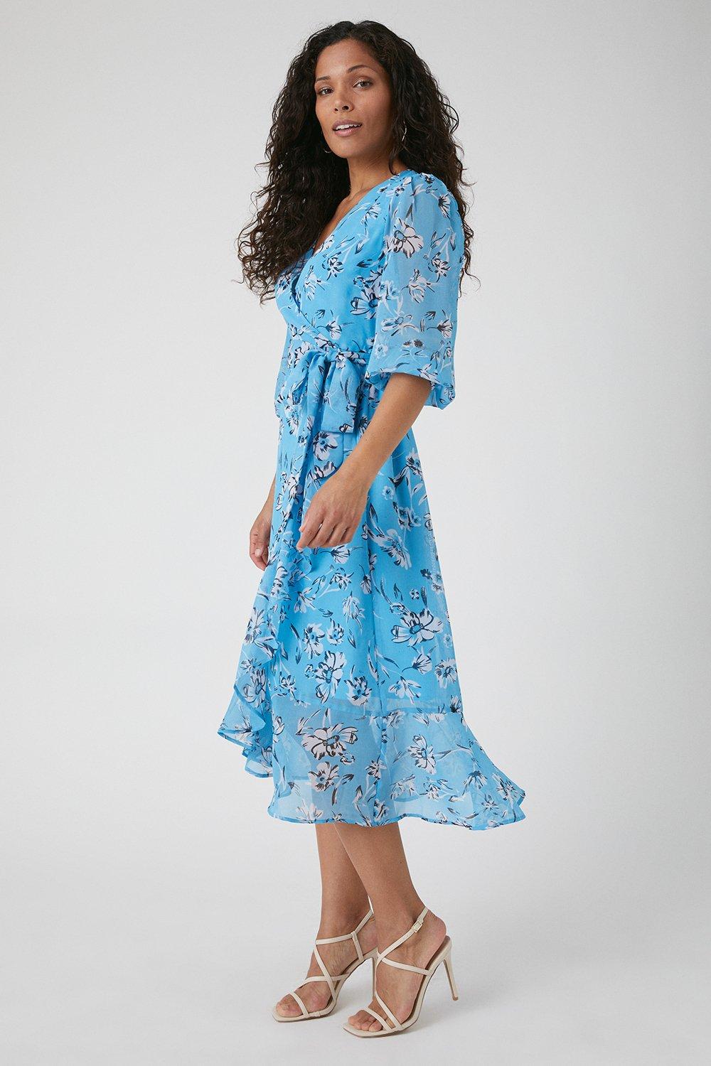 Womens Petite Blue Floral Wrap Frill Midi Dress