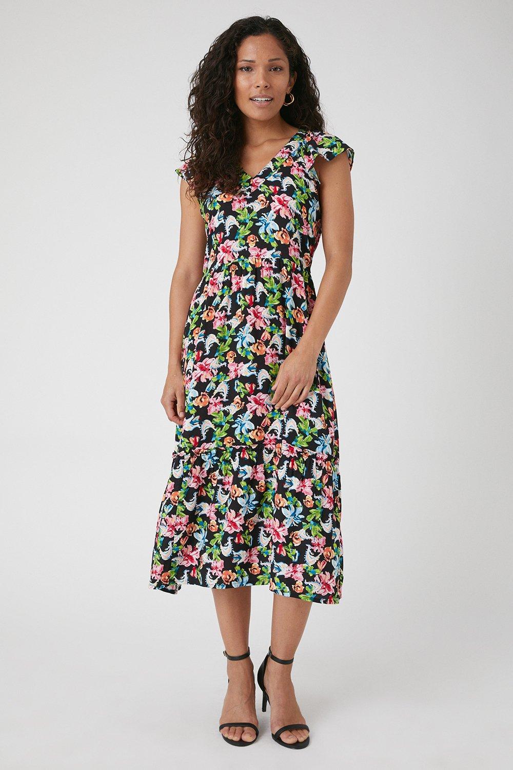 Womens Petite Summer Floral Tiered Viscose Midi Dress