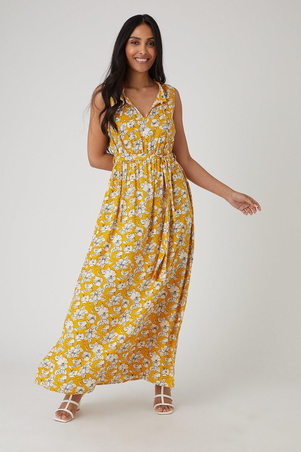 Womens Petite Yellow Floral Woven Maxi Dress