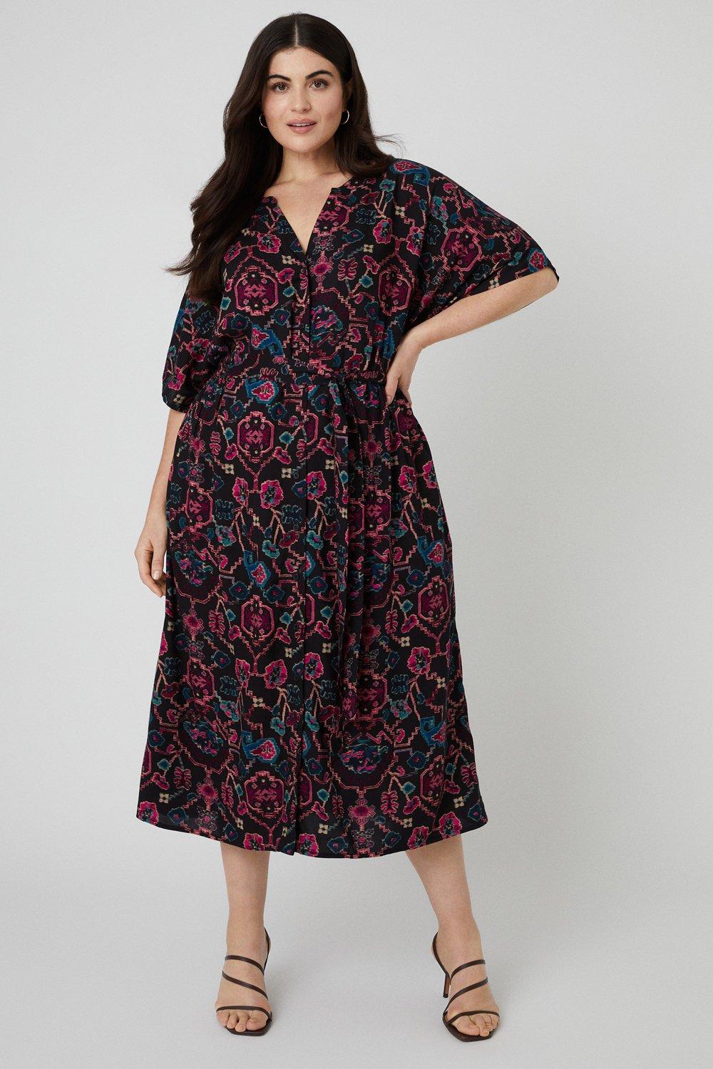 Womens Curve Geo Abstract Belted Shirt Midi Dress