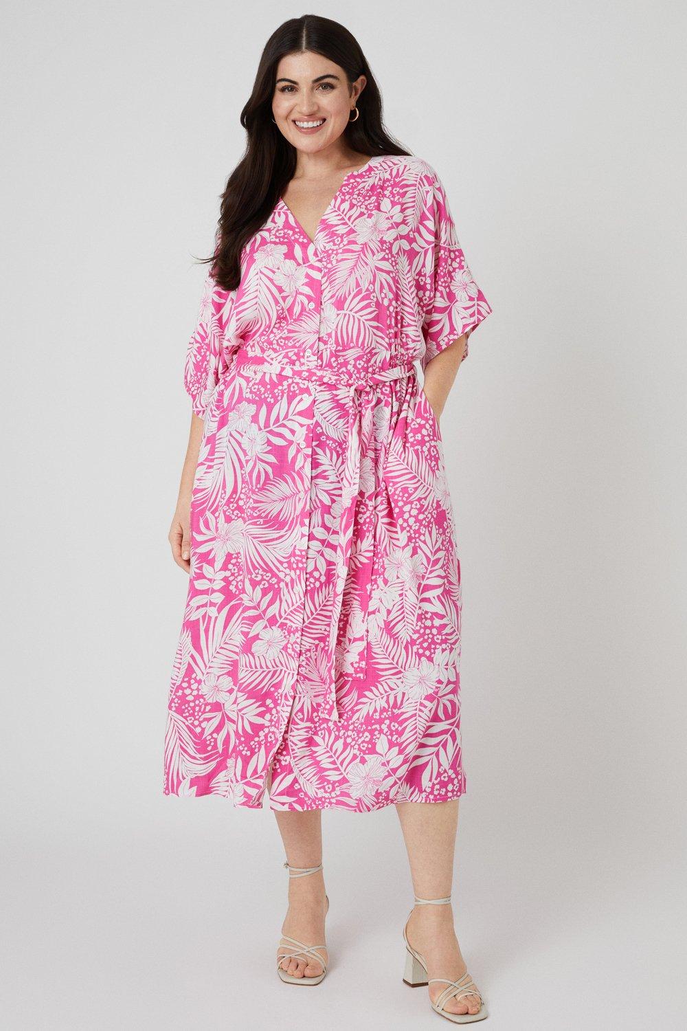 Womens Curve Pink Floral Belted Shirt Midi Dress