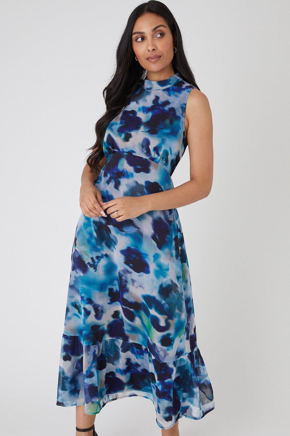 Womens Petite Blue Ombre Sleeveless Midi Dress