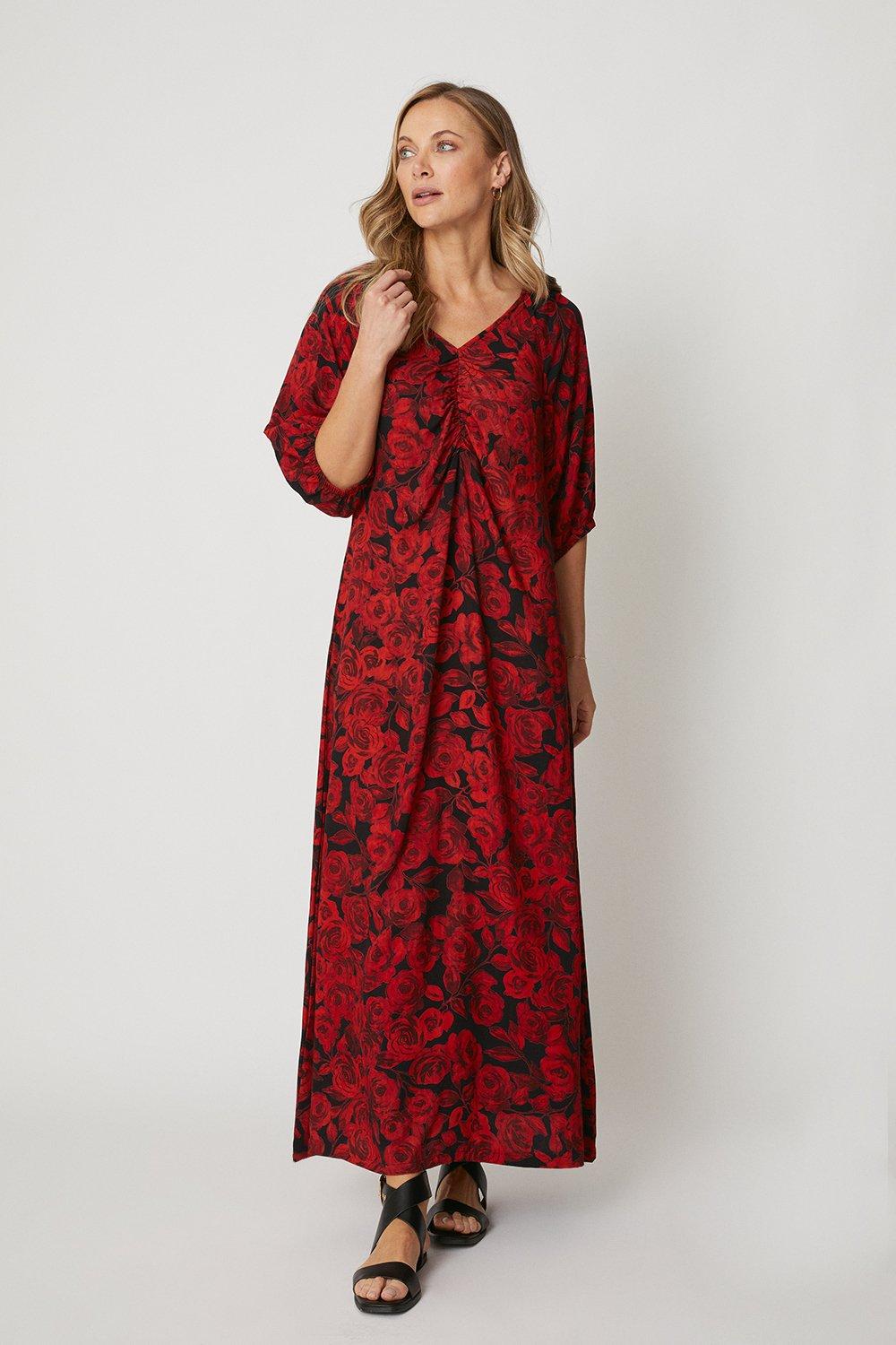 Womens Red Floral Ruched Detail Maxi Dress