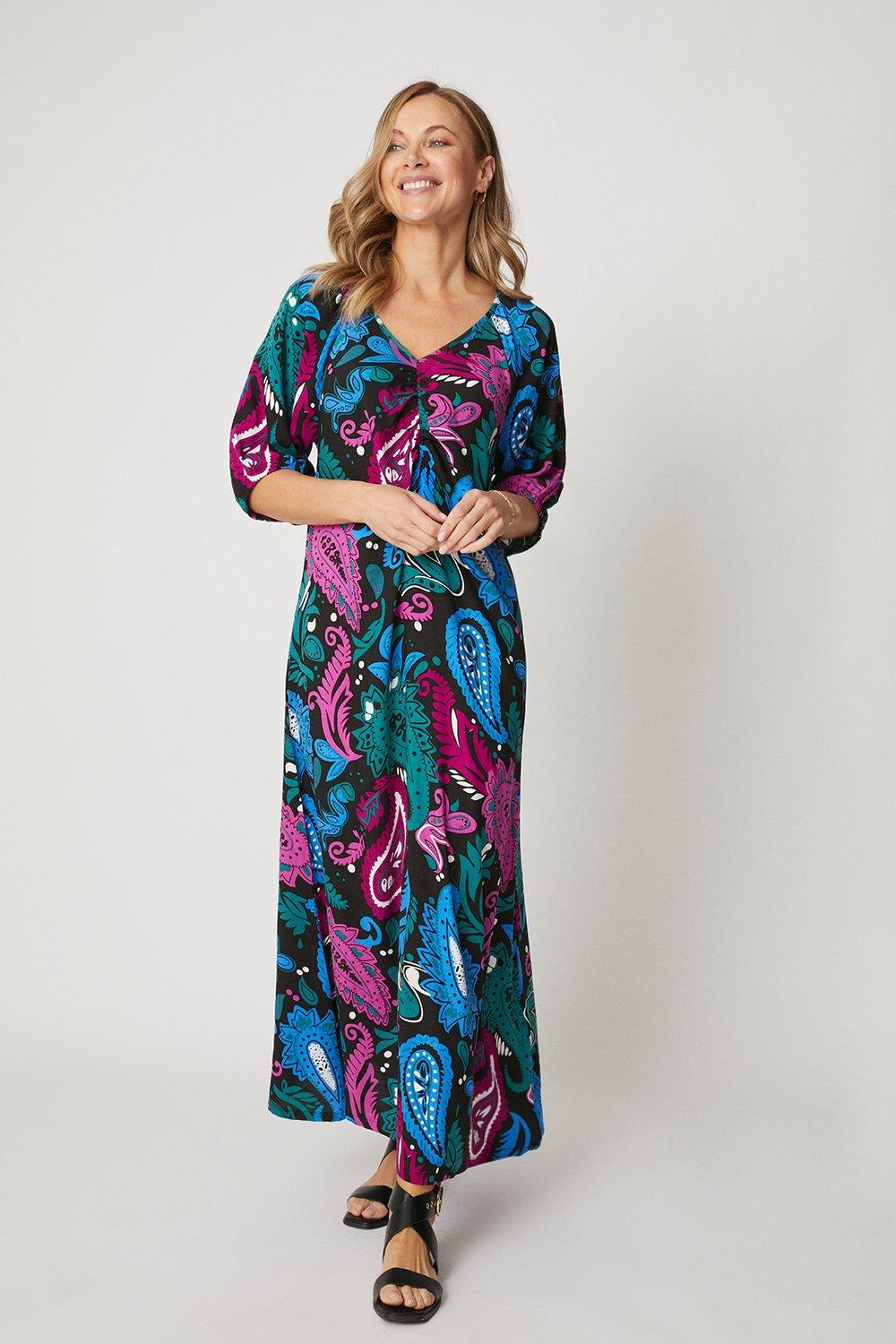 Womens Paisley Ruched Detail Maxi Dress