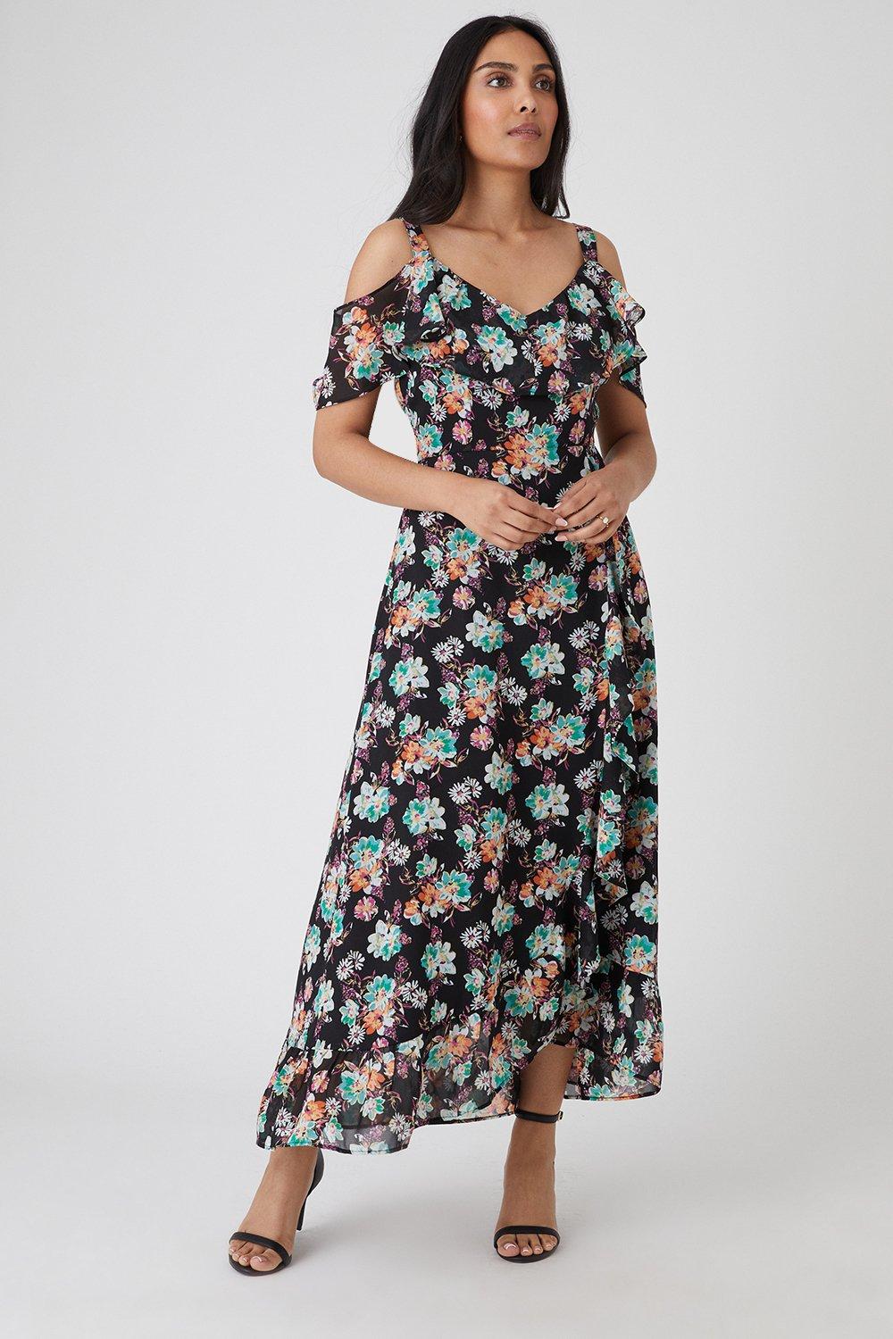 Womens Petite Floral Cold Shoulder Midi Dress