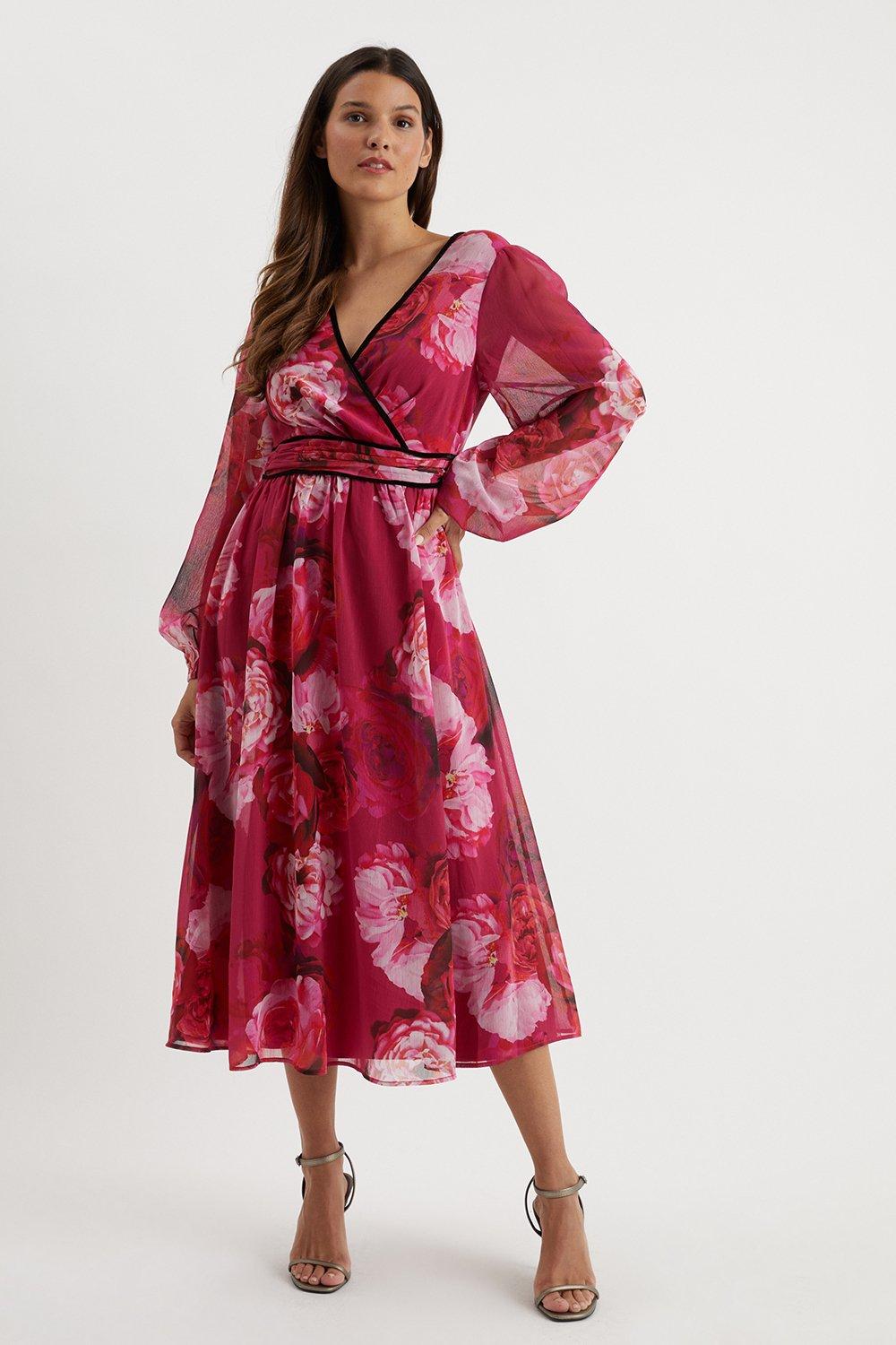Womens Floral Contrast Velvet Detail Midaxi Dress
