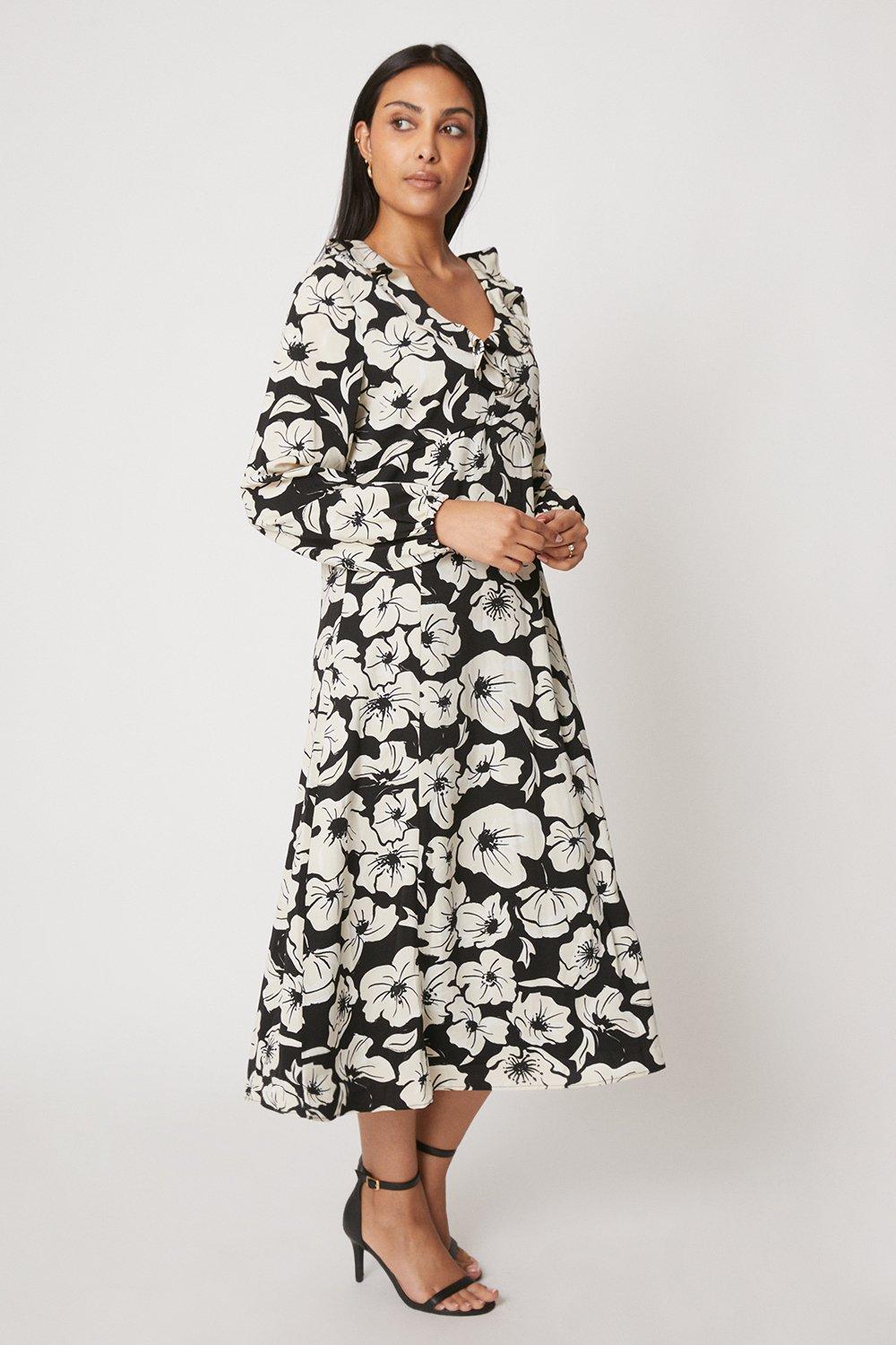 Womens Petite Black Floral Ruffle Midi Dress