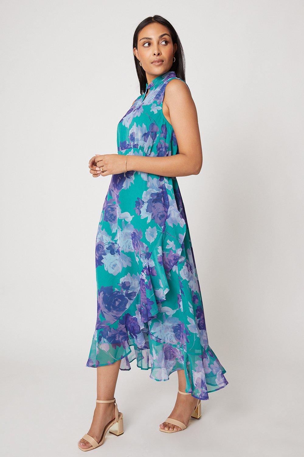 Womens Petite Floral Sleeveless Ruffle Midi Dress