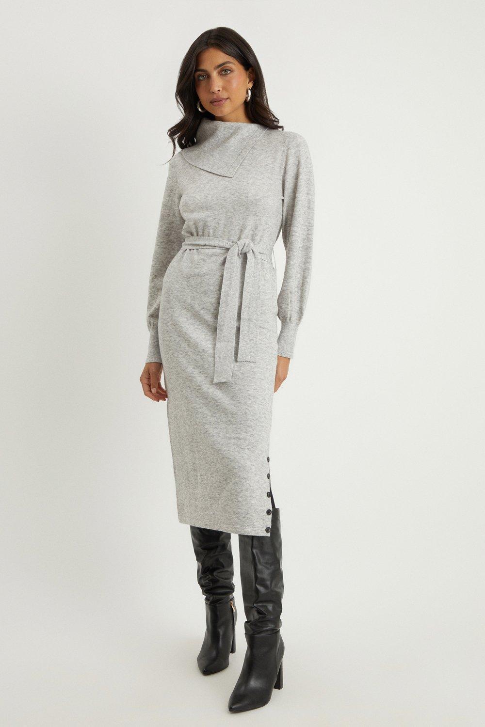 Womens Button Detail Roll Neck Belted Knitted Dress