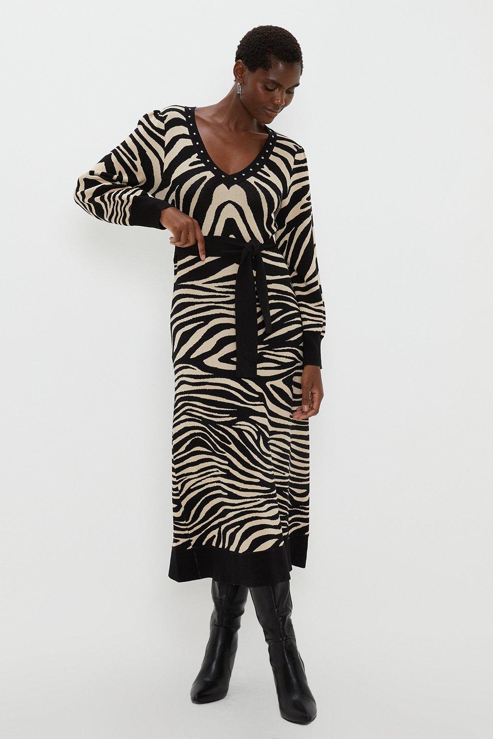 Womens Tiger Print Belted Knitted Dress