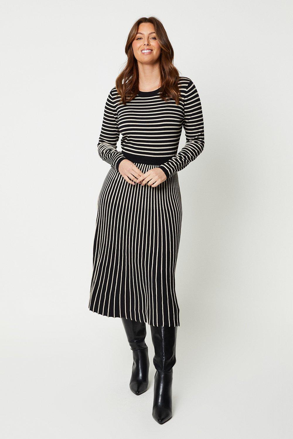 Womens Stripe Pleated Knitted Dress