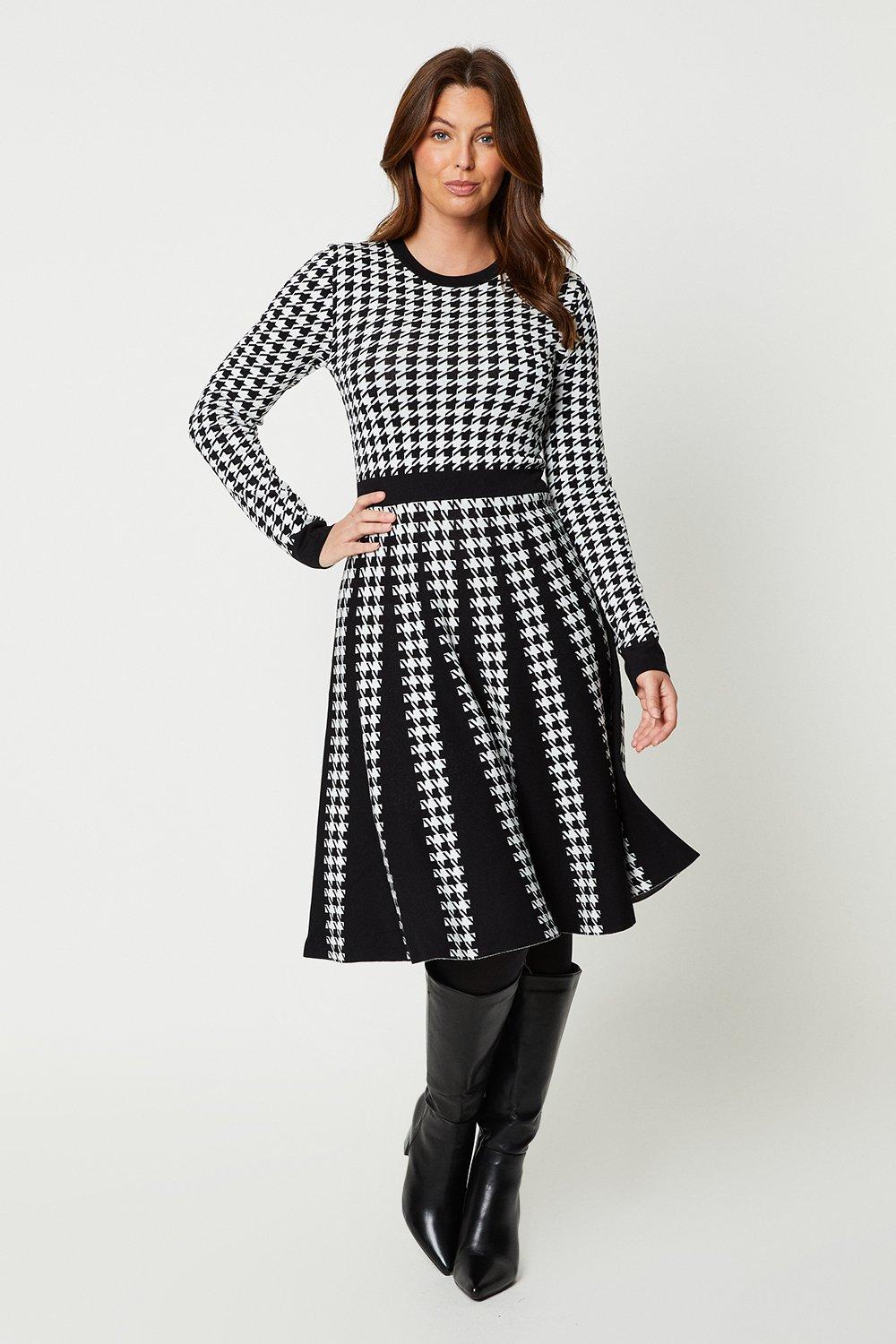Womens Houndstooth Knitted Fit And Flare Dress