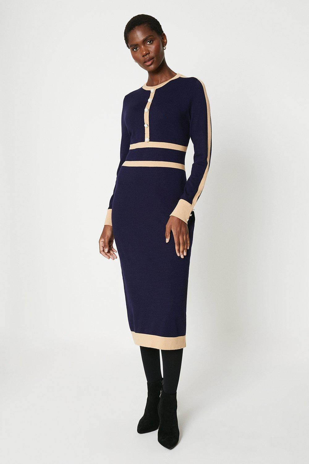 Womens Tipped Button Detail Knitted Midi Dress