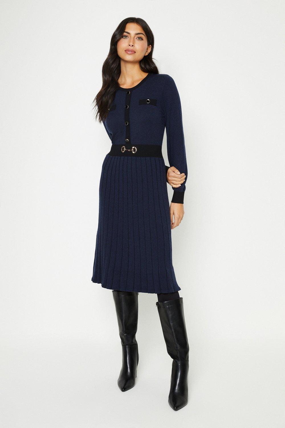 Womens Snaffle Pleated Button Detail Knitted Dress