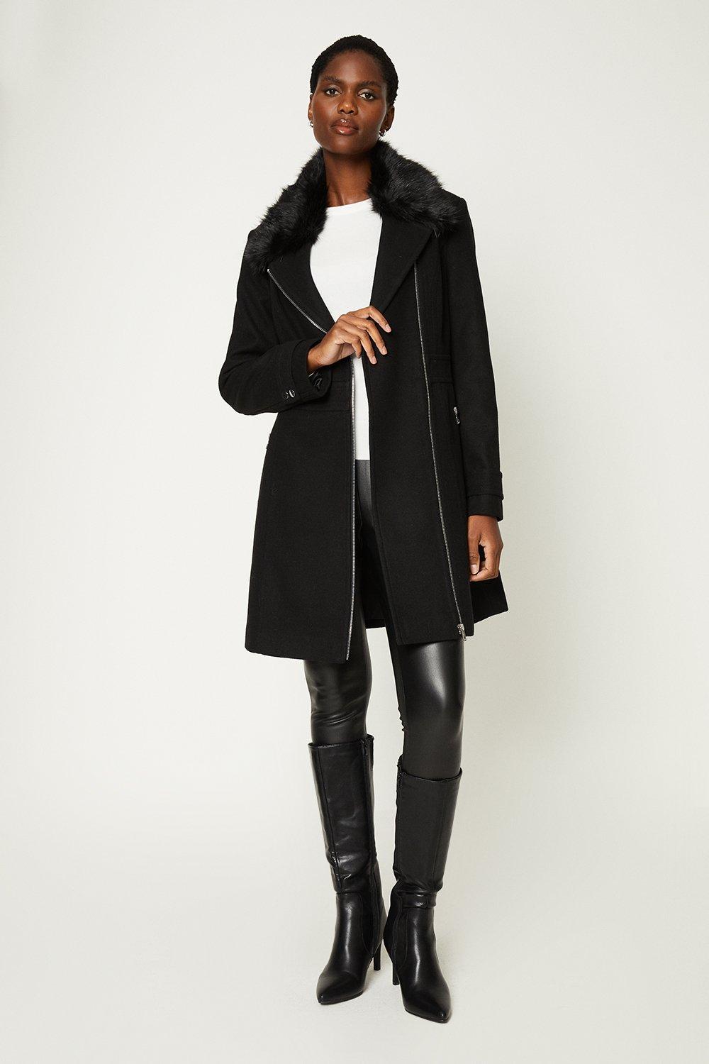 Faux fur on sale trim wool coat