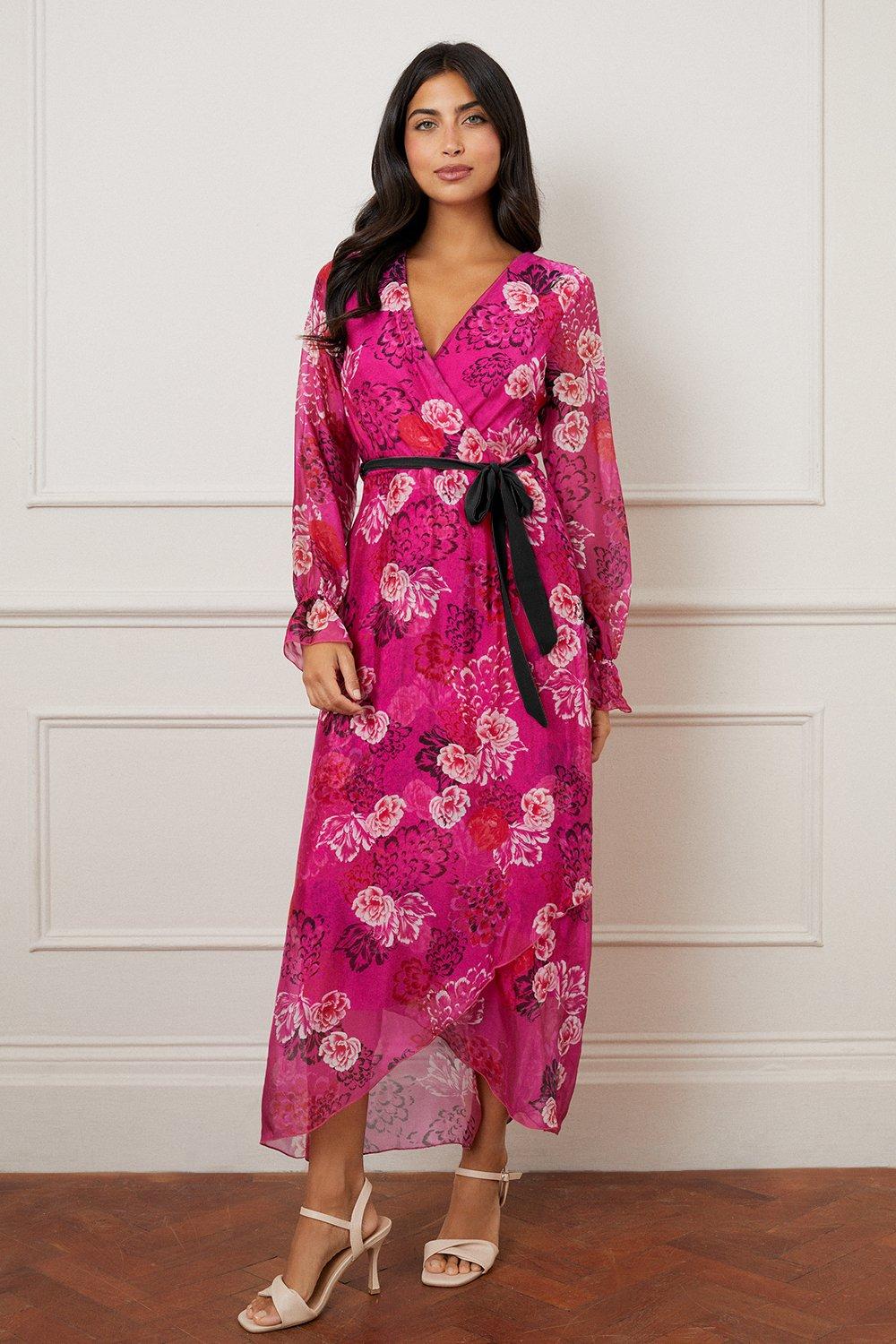 Womens Silk Mix Floral Wrap Midi Dress