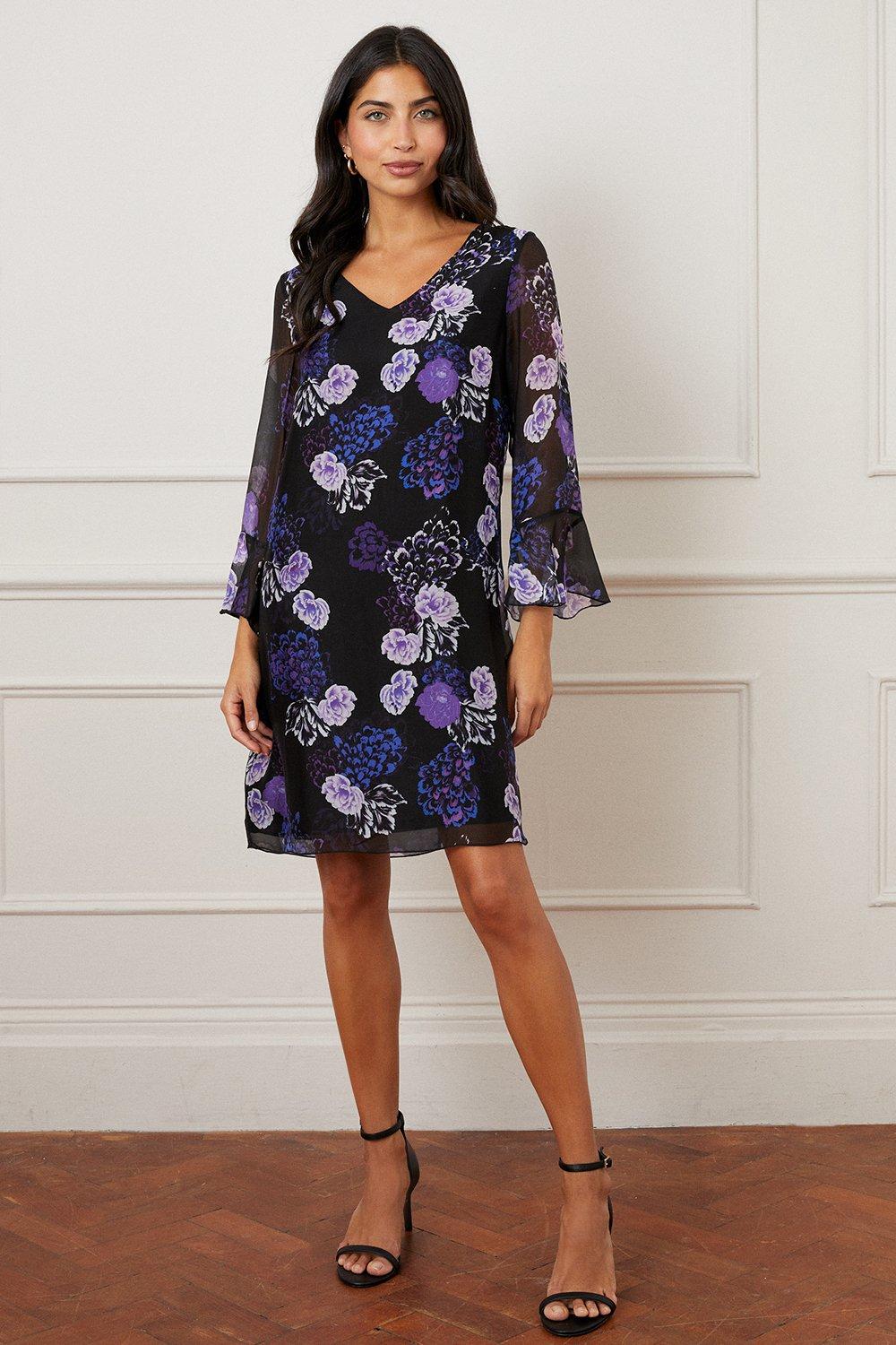 Tops | Silk Mix Floral Flute Sleeve Shift Dress | Wallis