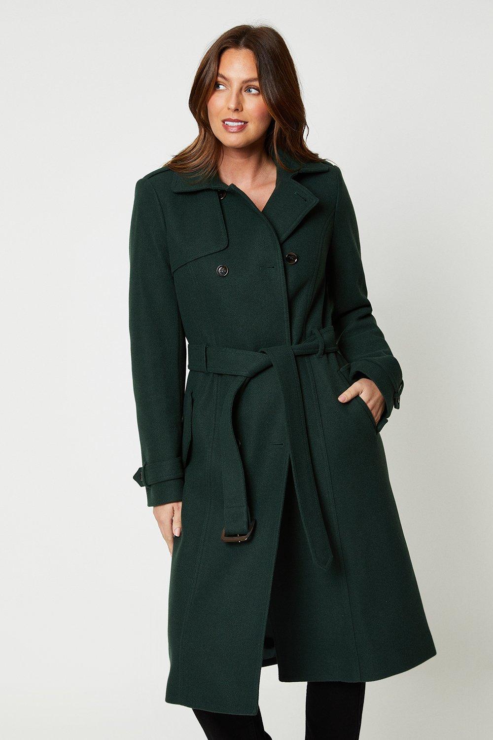 Womens Faux Wool Belted Trench Coat