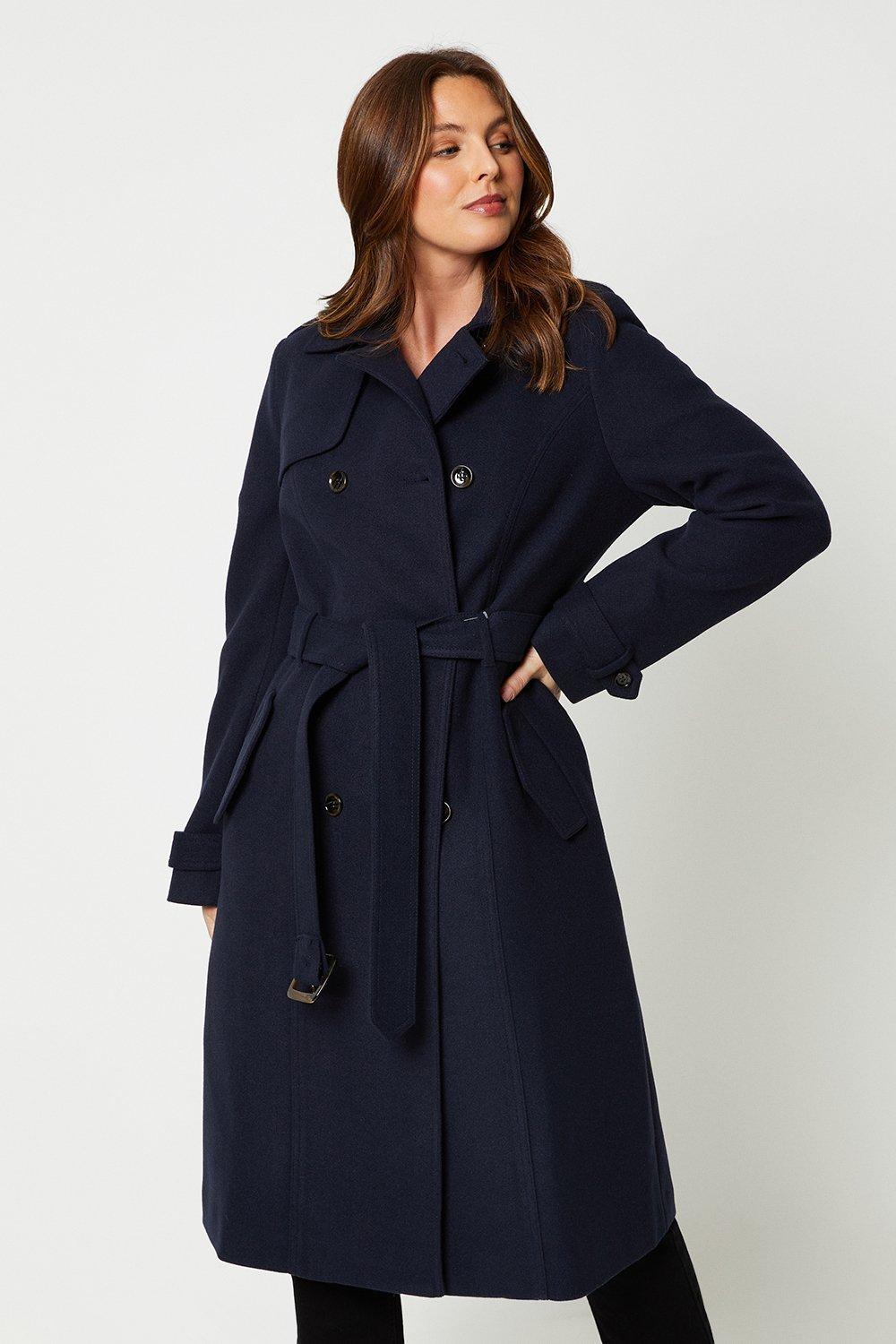 Womens Faux Wool Belted Trench Coat