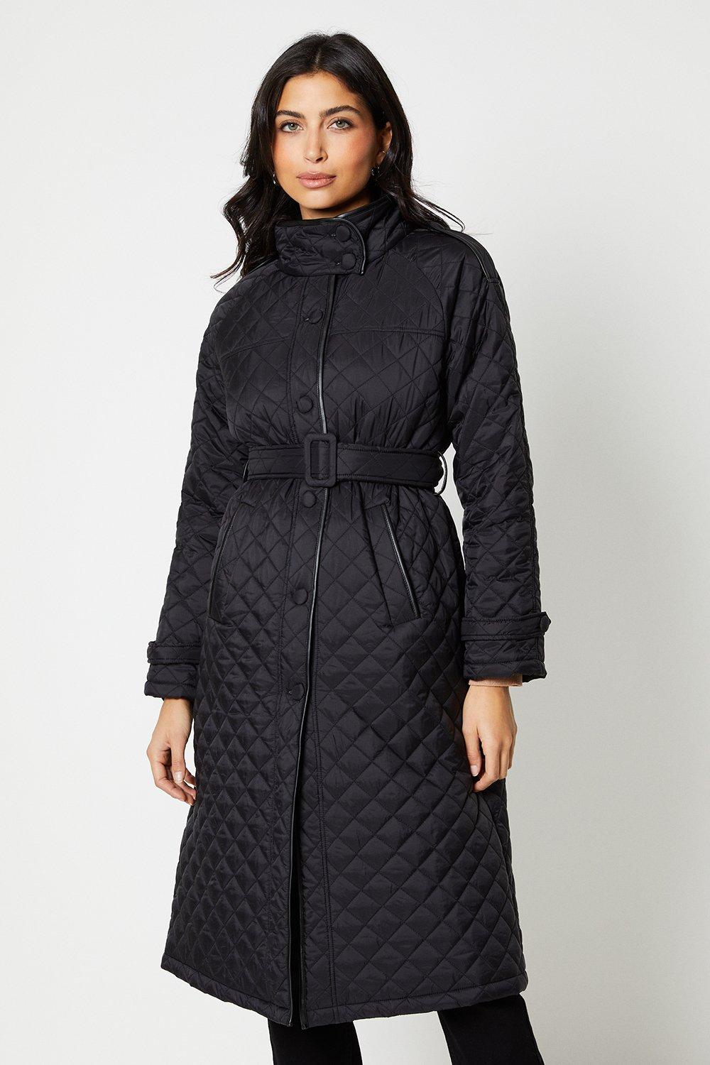Womens Longline Quilted Belted Puffer Coat