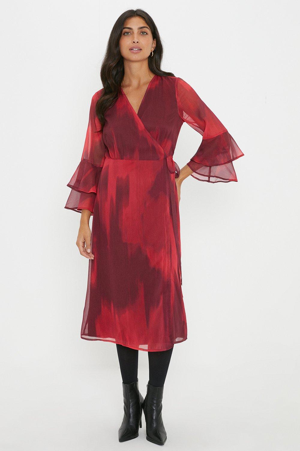 Womens Red Ombre Flute Sleeve Wrap Dress