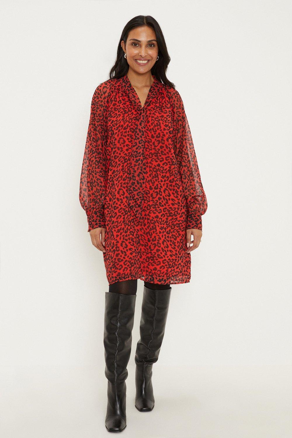 Womens Petite Red Leopard Print Tie Neck Shift Dress
