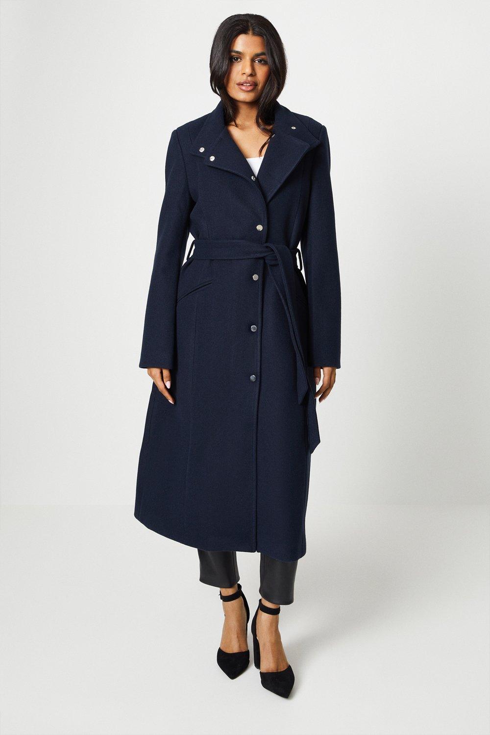 Womens Petite Button Detail Funnel Neck Belted Wrap Coat