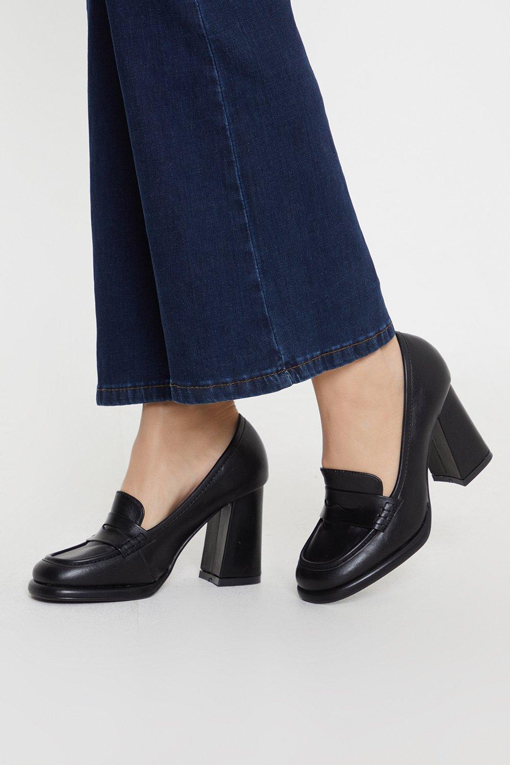 Womens black loafers with hot sale heel