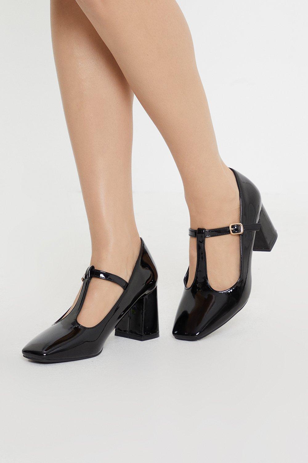 Womens Dotty Patent Square Toe Block Heel Court Shoes