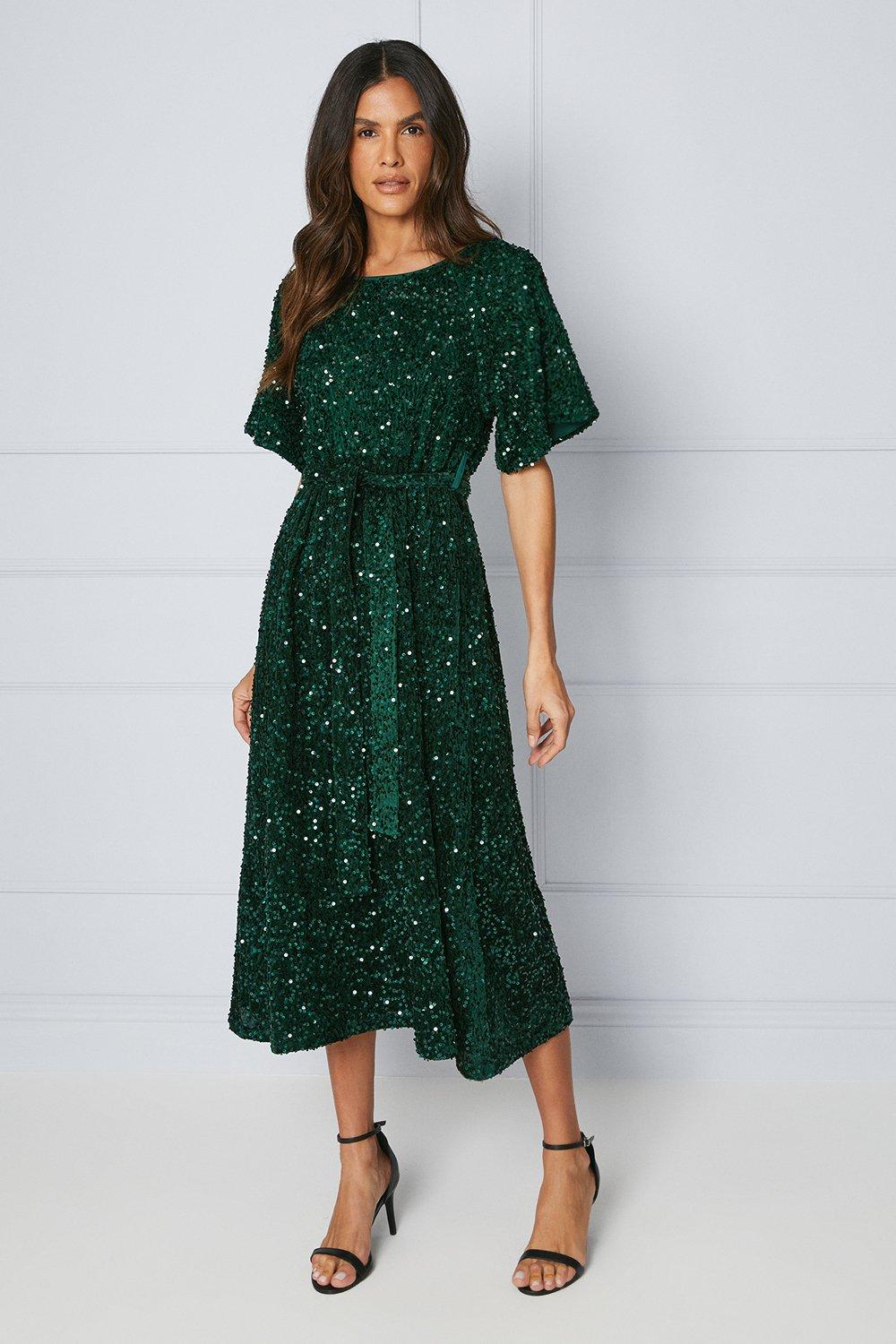 Womens Sequin Puff Sleeve Belted Midi Dress