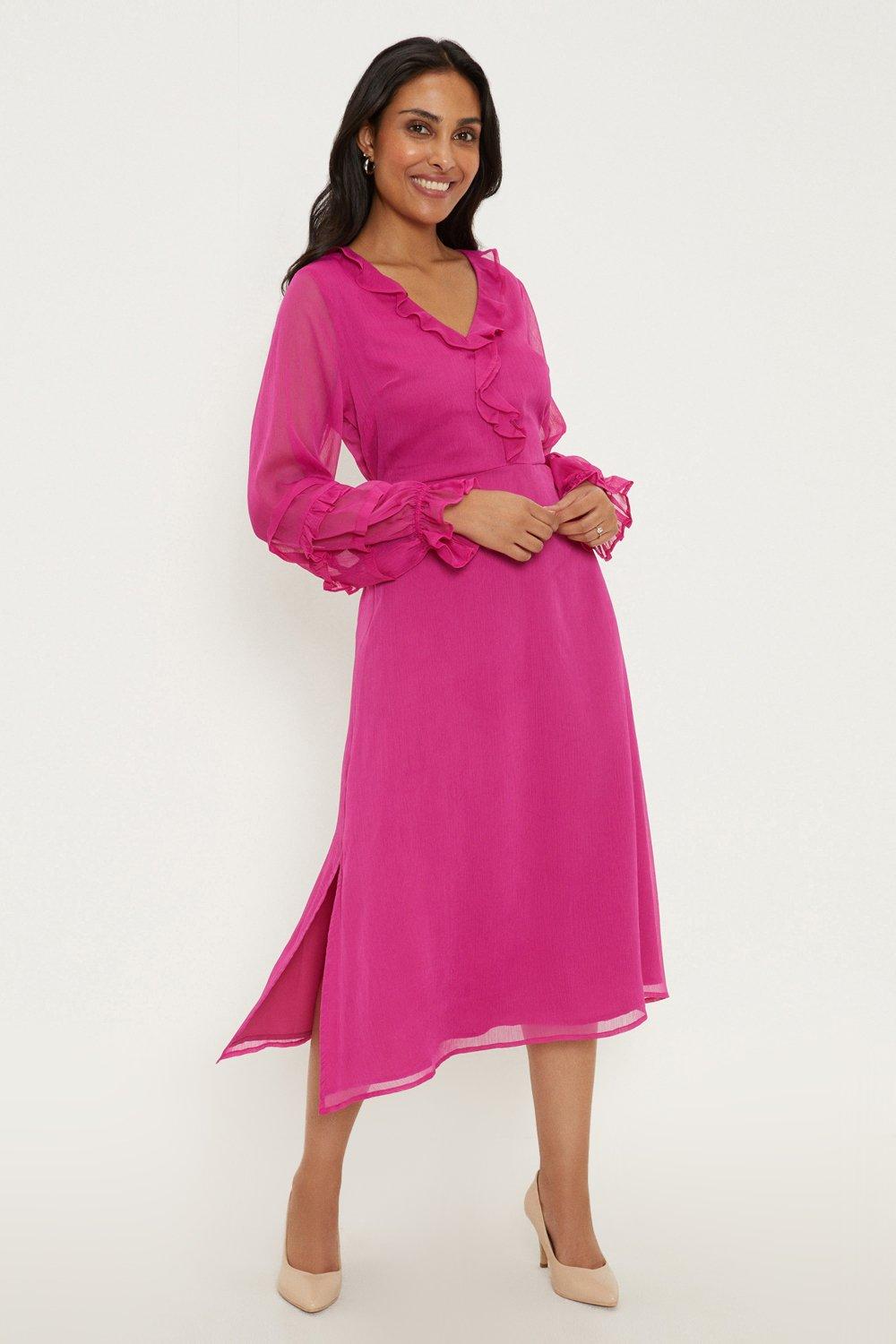Womens Petite Pink Ruffle Front Midi Dress