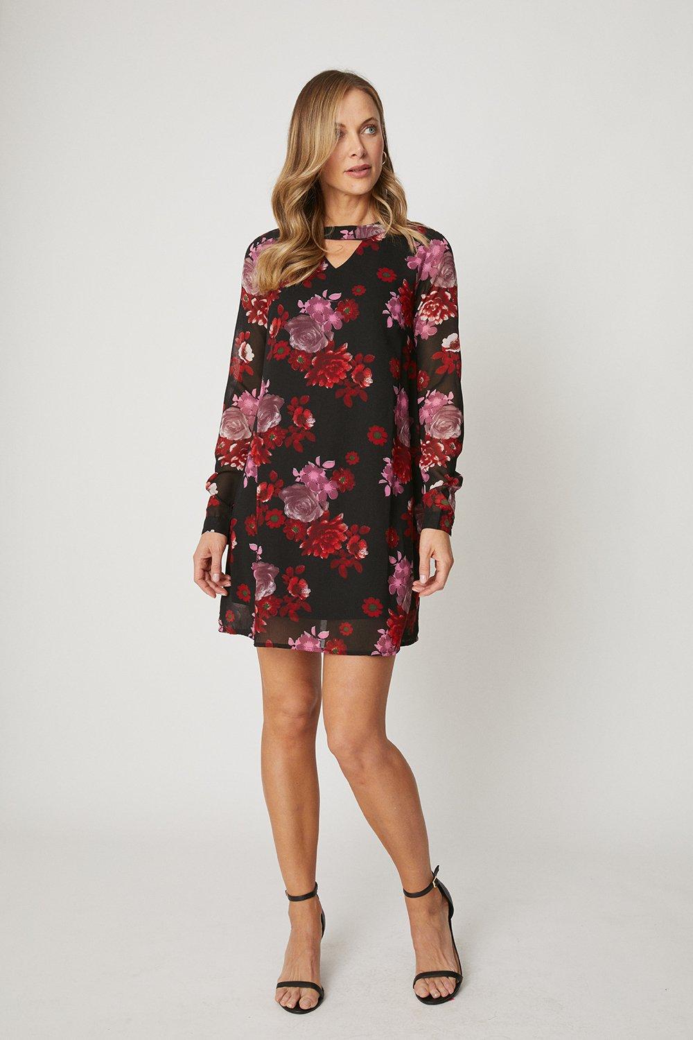 Long sleeve black floral dress sale