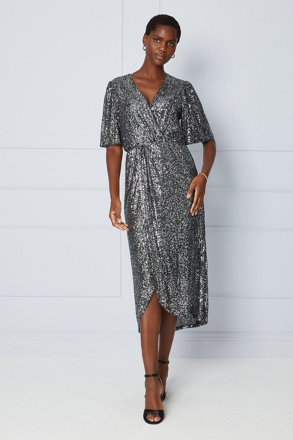 Womens Tall Sequin Twist Wrap Midi Dress