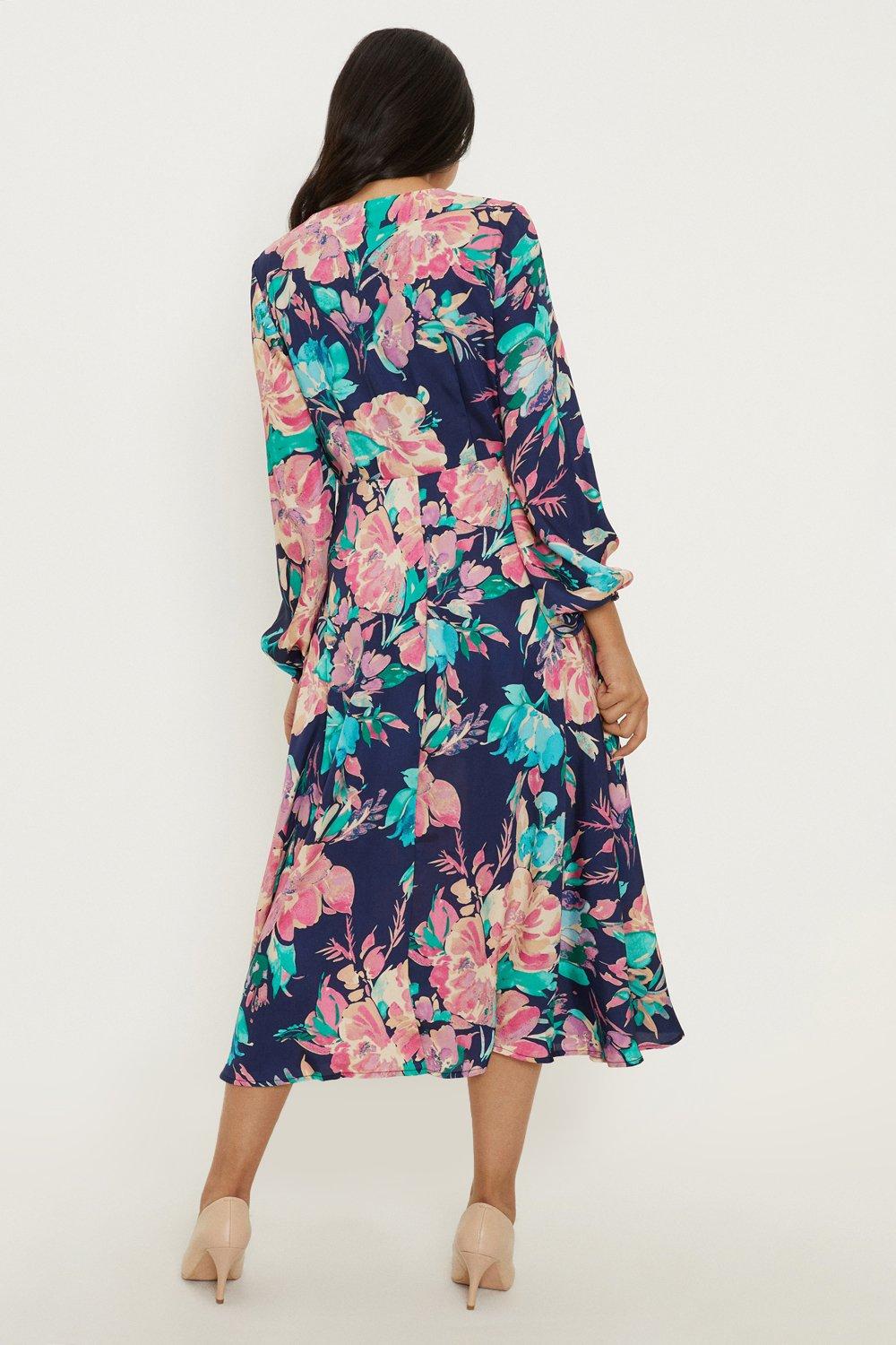 Dresses Petite Floral Twist Balloon Sleeve Midi Dress Wallis