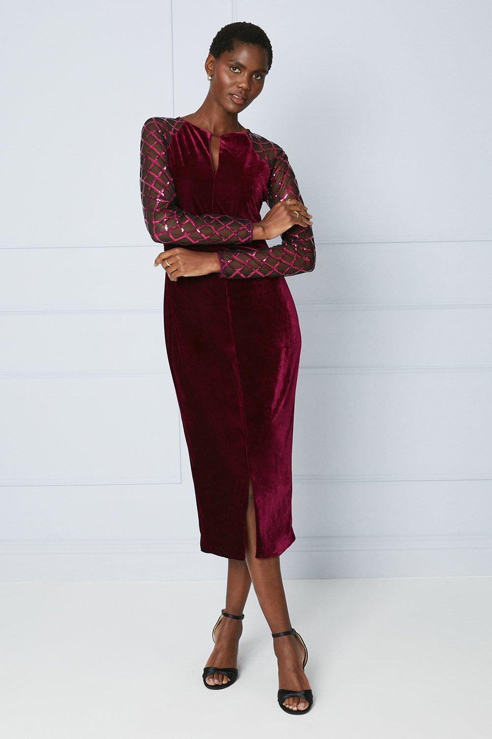 Womens Velvet Sequin Mesh Midi Dress